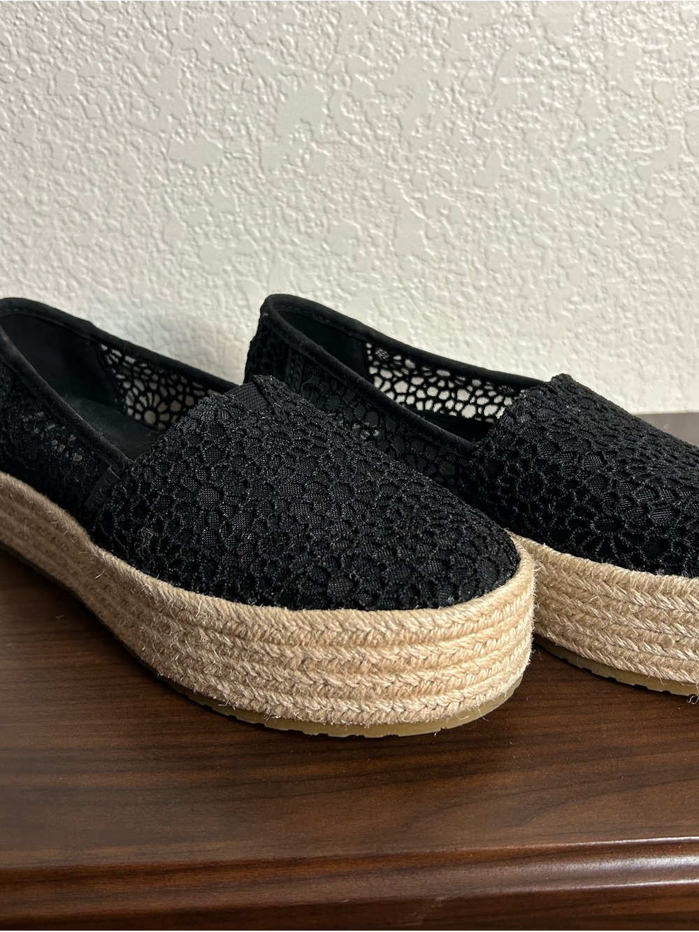 Toms Black Crochet Espadrille Platform Slip-On